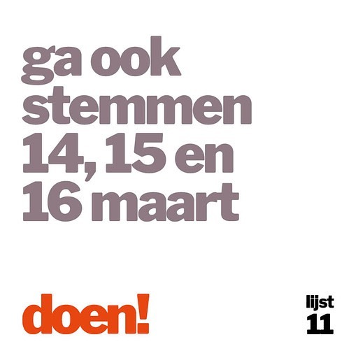 Ga ook stemmen op 14, 15 en 16 maart

#Doen #lijst11 #Noordwijk #Noordwijkerhout #DeZilk #Gemeenteraadsverkiezingen #lokalepolitiek #Stemopeenvrouw